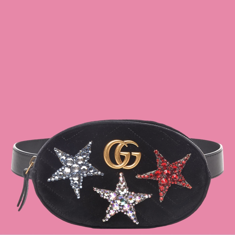 Gucci Velvet Matelasse Crystal Star GG Marmont Belt Bag 85 34 Black - Picture 2 of 6